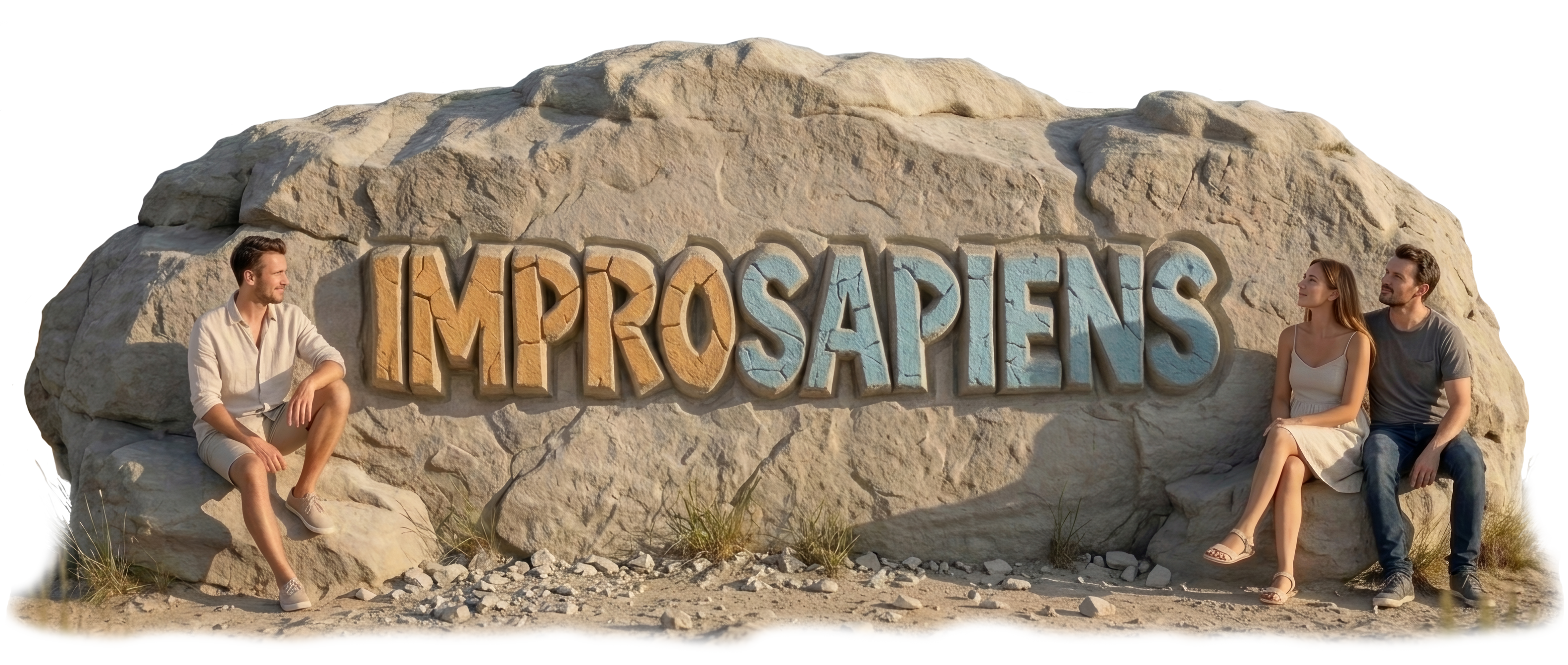 Kamień z napisem IMPROSAPIENS, wokół roześmiani ludzie